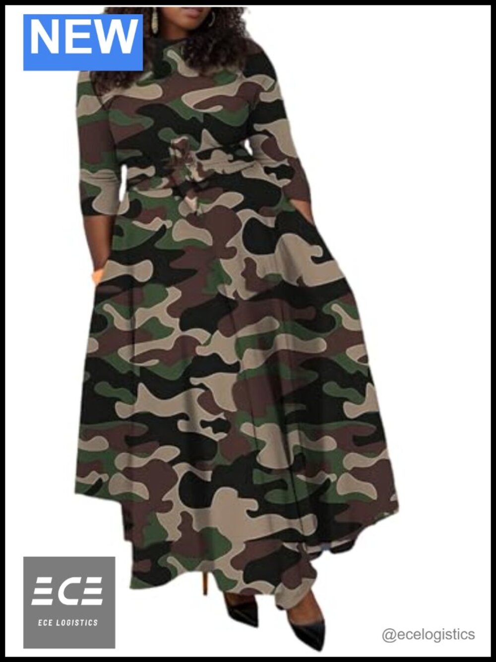 Plus Size Maxi Dress A-Line With Pockets 3/4 Sleeve Self Tie Curvy